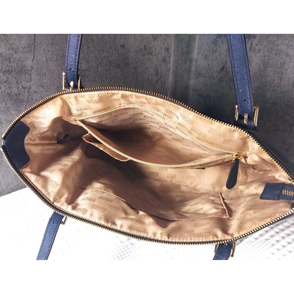 Michael Kors Navy Saffiano Leather Tote Bag Jet Set Travel Gold Logo Charm